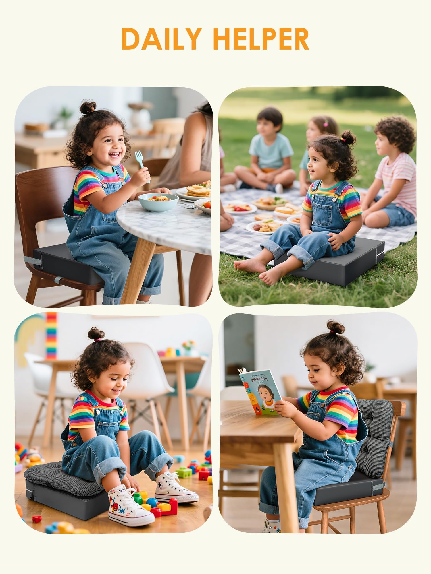 JLGCUF booster seat installation image, showing simple setup on dining chairs.