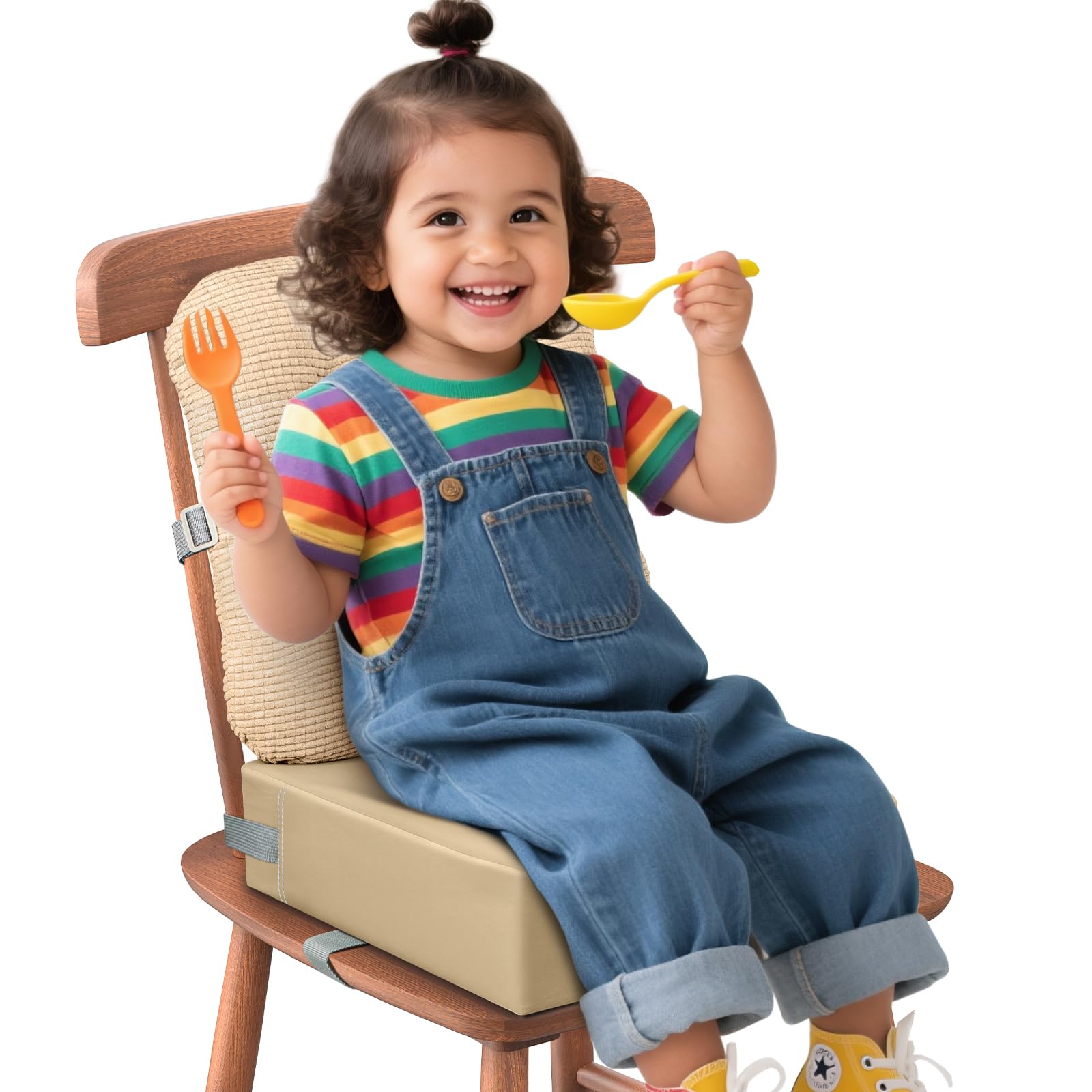 JLGCUF booster seat folded compact for travel and storage.