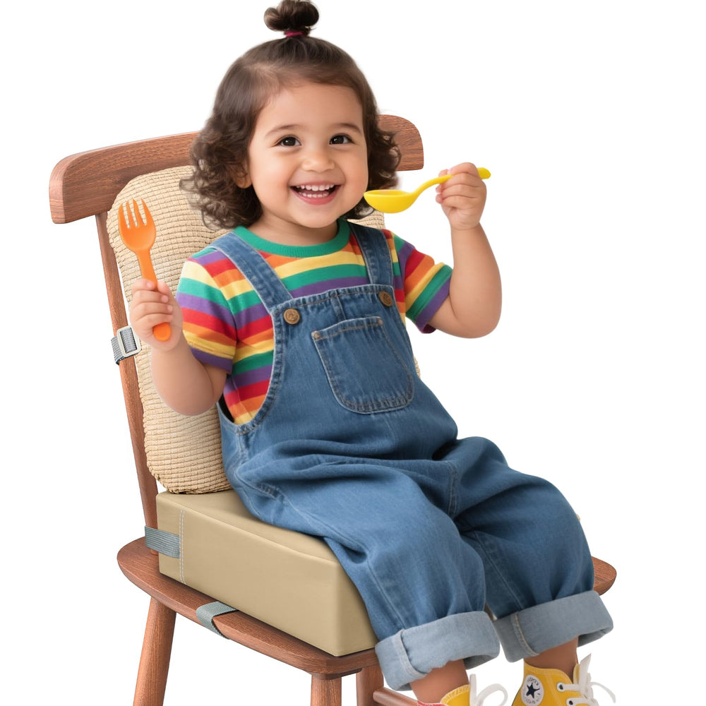 JLGCUF booster seat folded compact for travel and storage.
