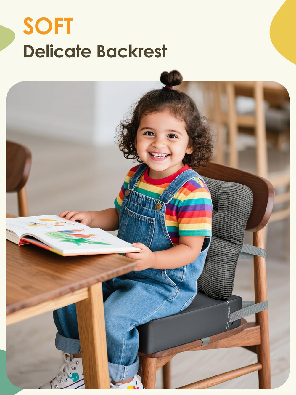 JLGCUF booster seat with safety belts, demonstrating secure attachment for confident feeding.