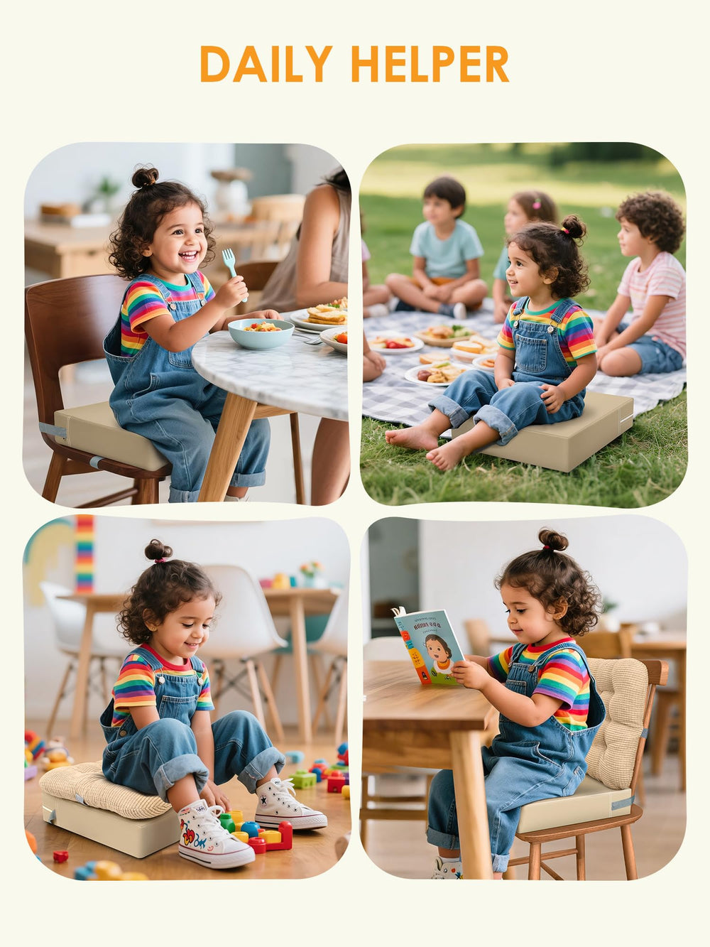 JLGCUF booster seat used as travel-friendly option in restaurants.