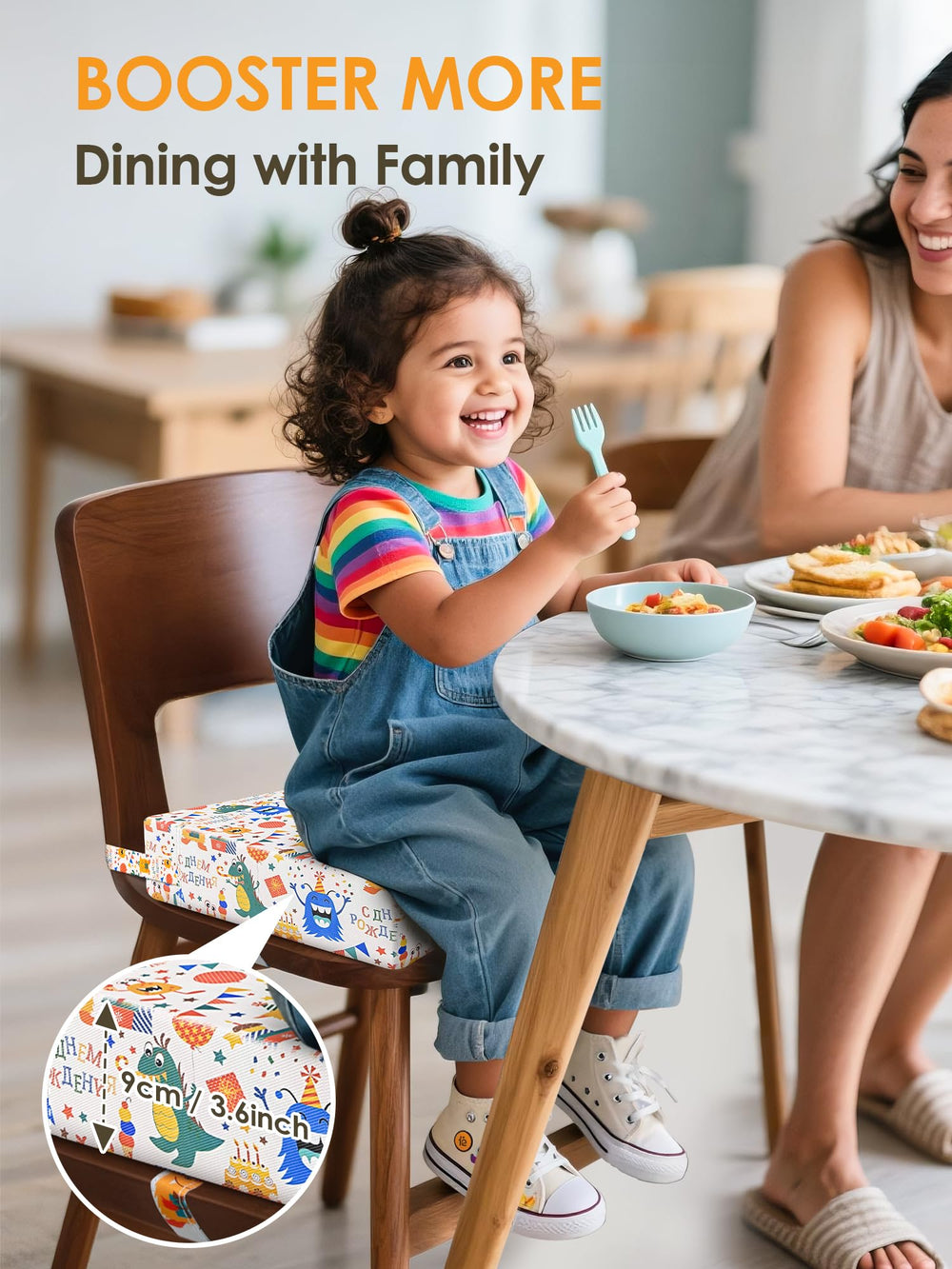 JLGCUF Monster booster seat adjustable straps securing to chair for wobble-free dining