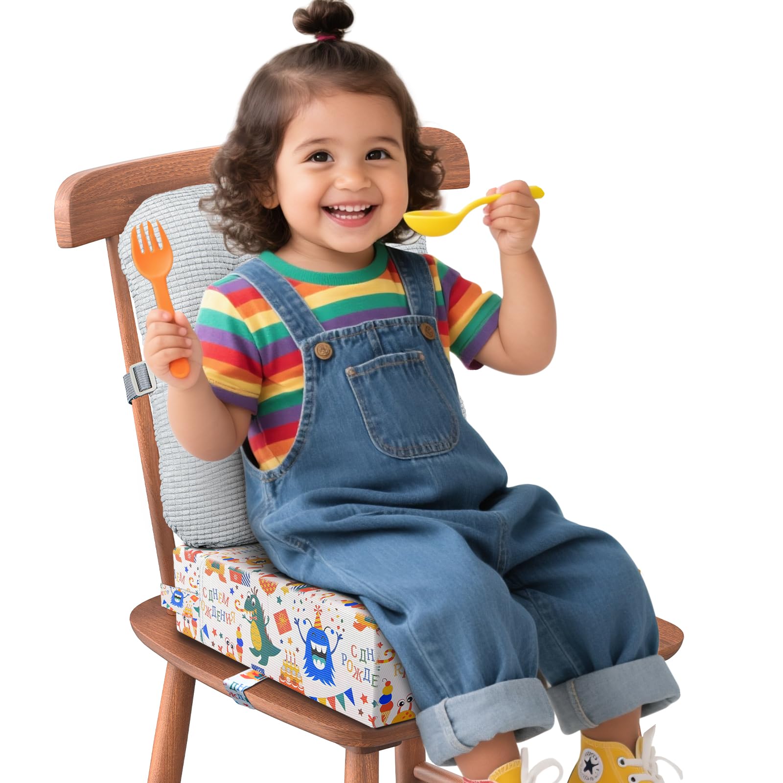 JLGCUF Monster booster seat on a chair showing secure placement for mess-free toddler meals