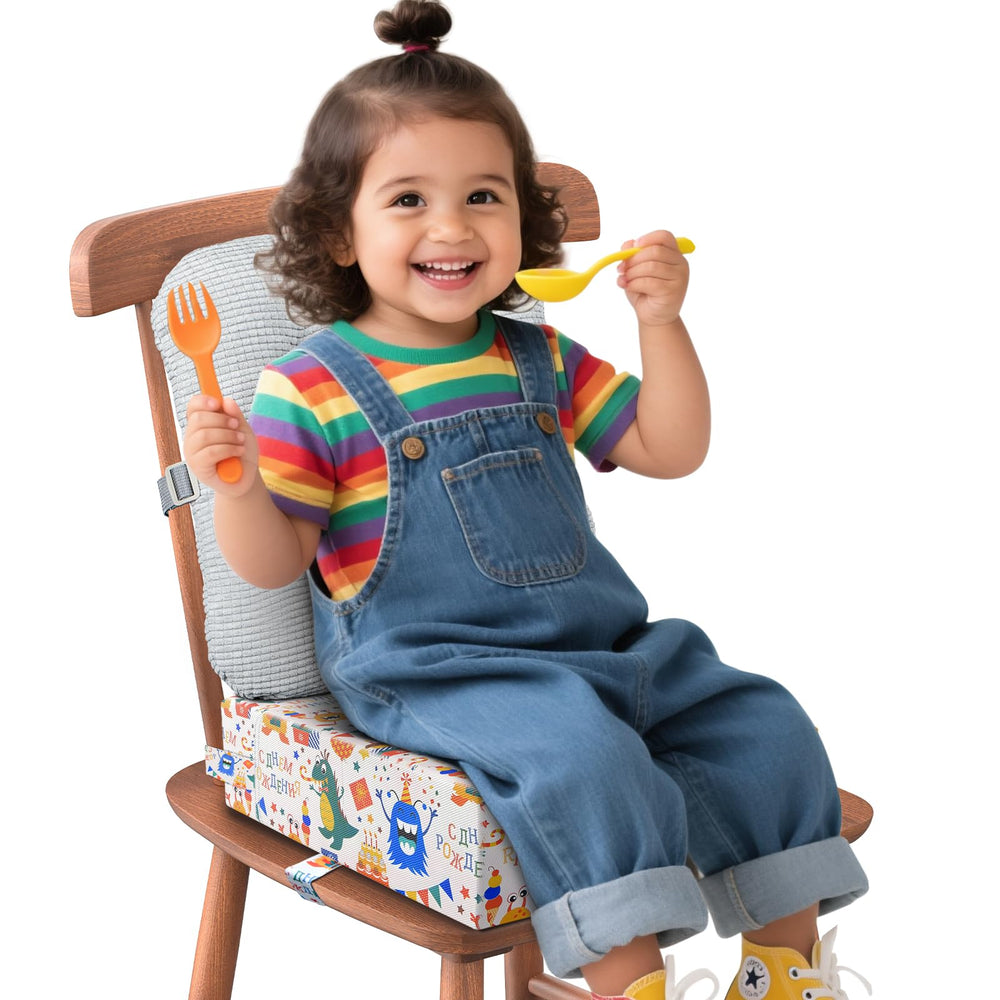 JLGCUF Monster booster seat on a chair showing secure placement for mess-free toddler meals