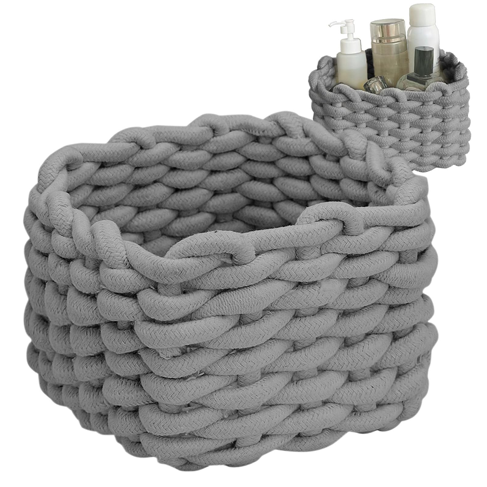 JLNGTHONG small woven basket gray front view for tidy desk organization