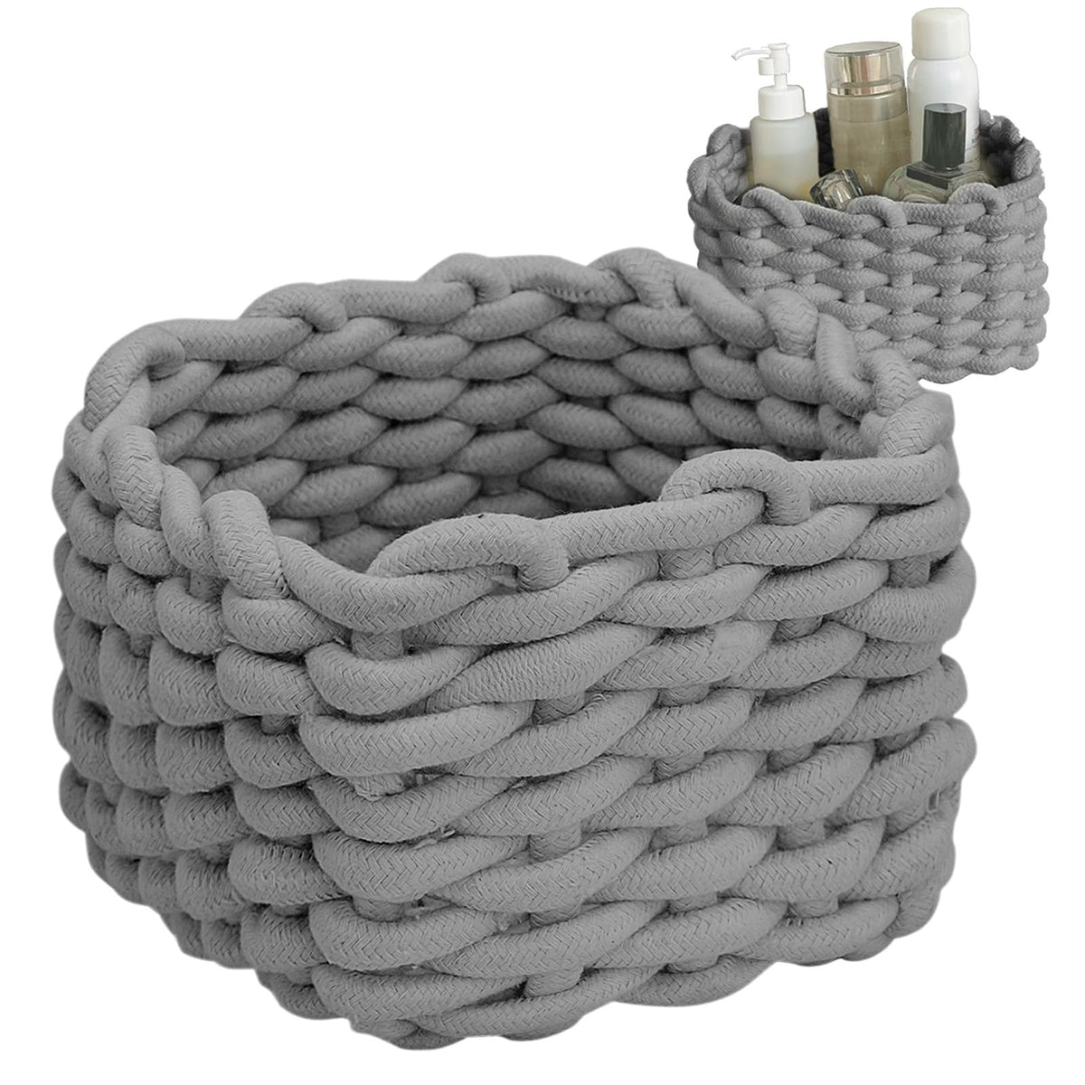 JLNGTHONG small woven basket gray front view for tidy desk organization