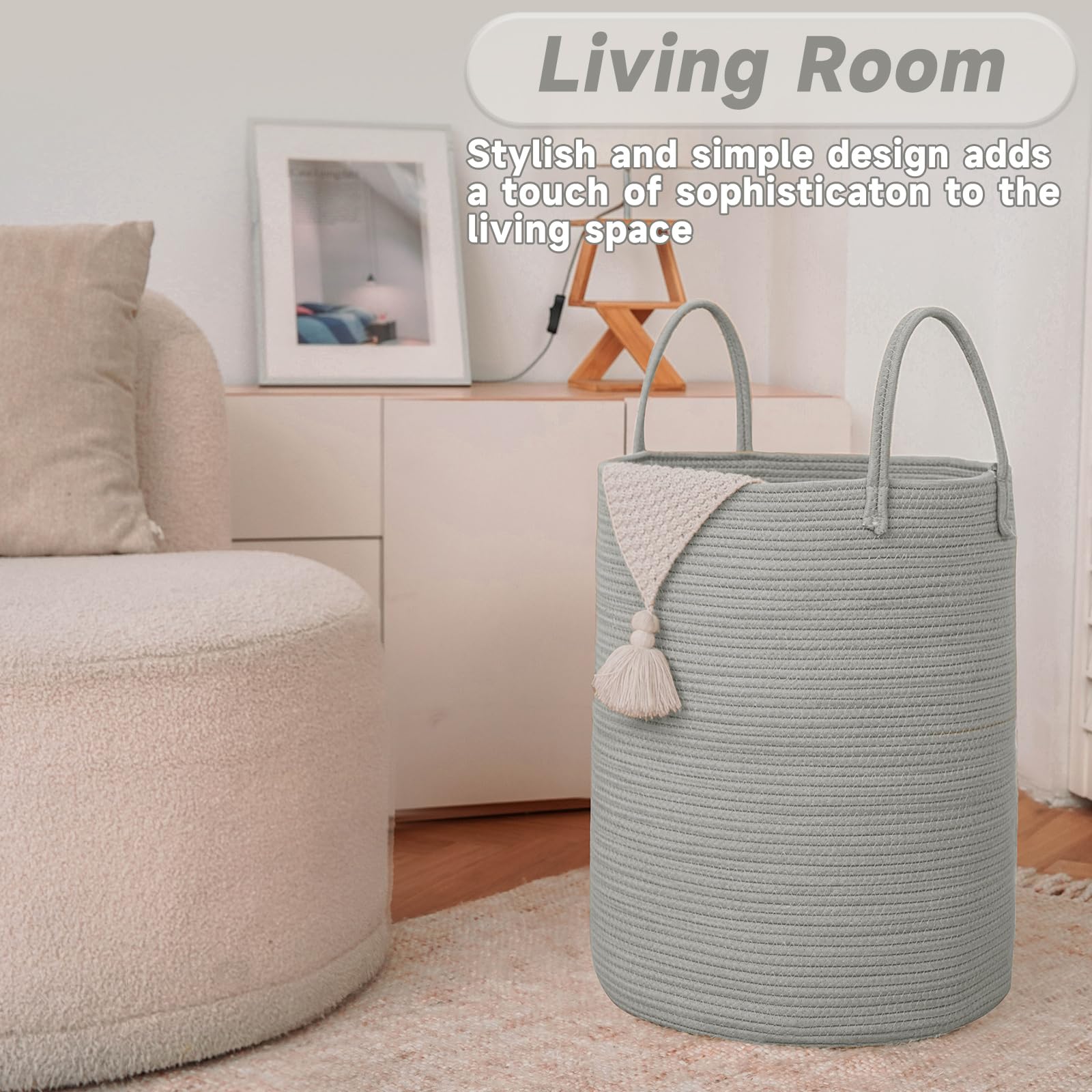 JMvicyroam 60L cotton rope basket inside with blankets showcases roomy organization.