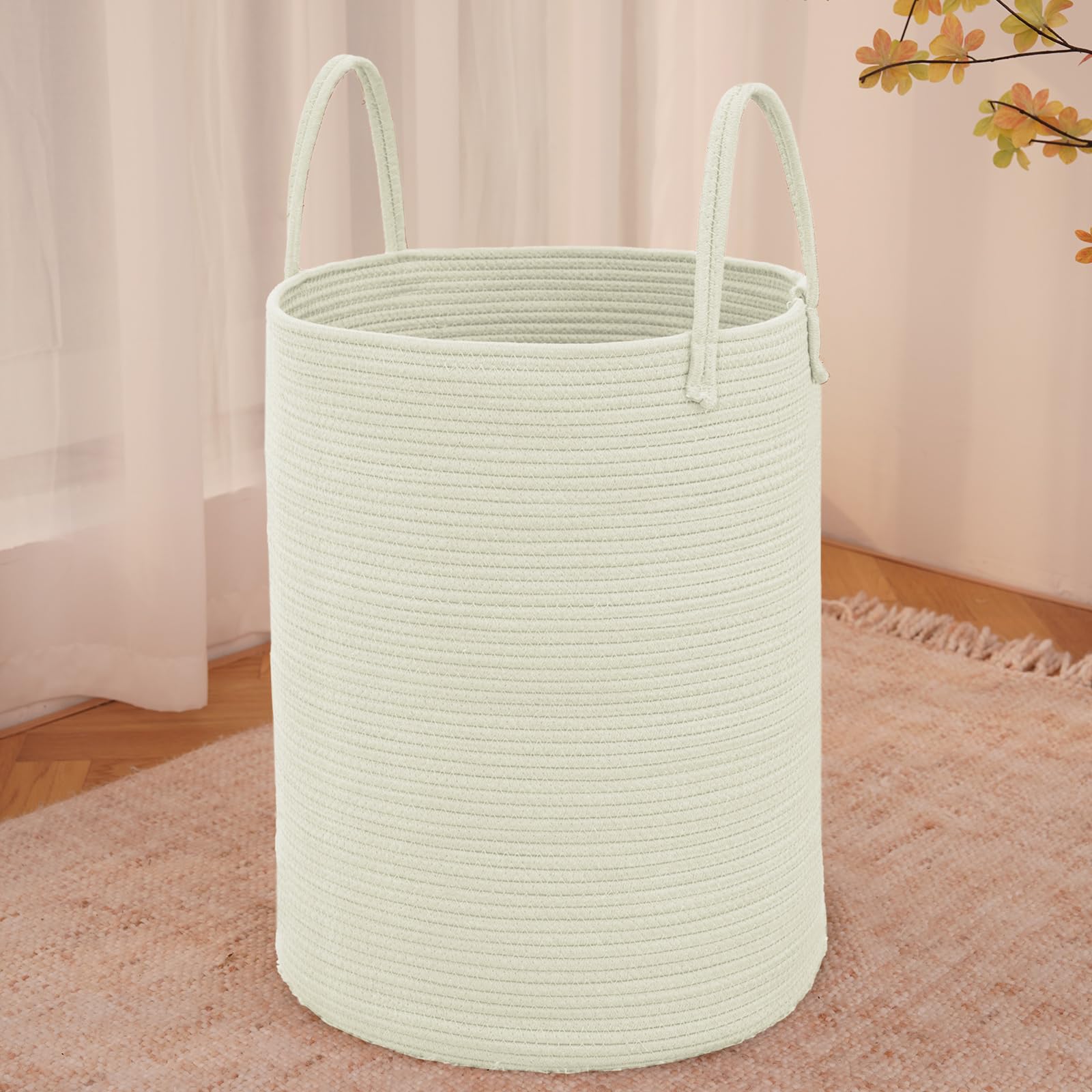 JMvicyroam large woven laundry basket 80L in white, spacious for blankets and toys.