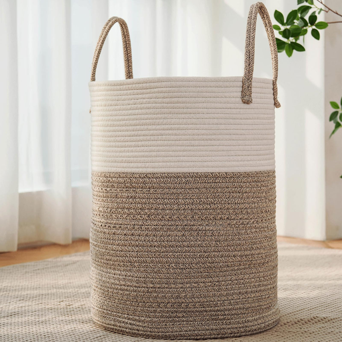 JMvicyroam large woven laundry basket front view for stylish storage of blankets and clothes