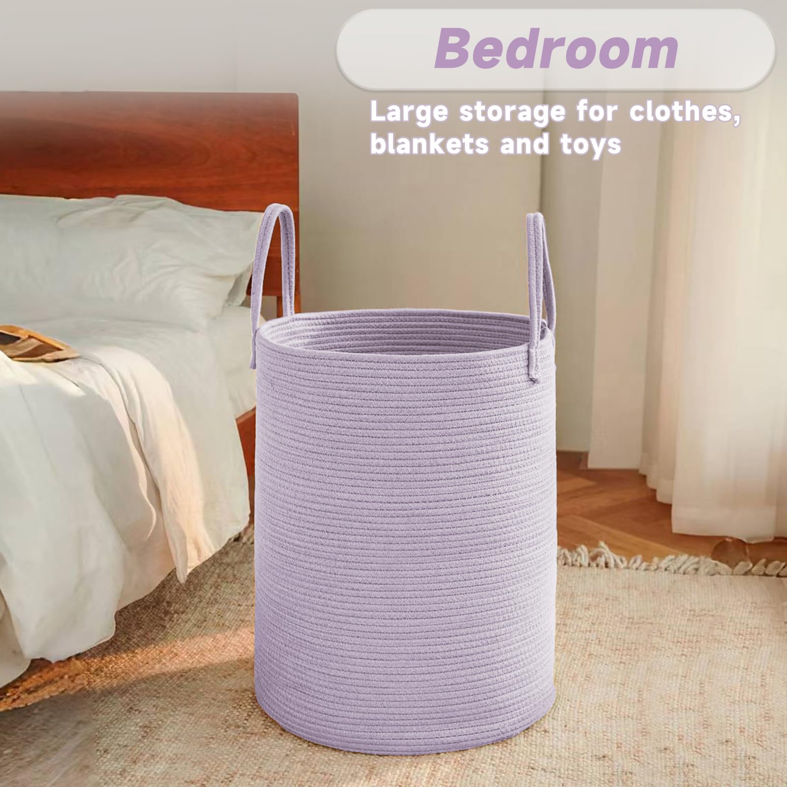 JMvicyroam large woven laundry basket nursery-decor highlights decorative purple touch in a cozy nursery.