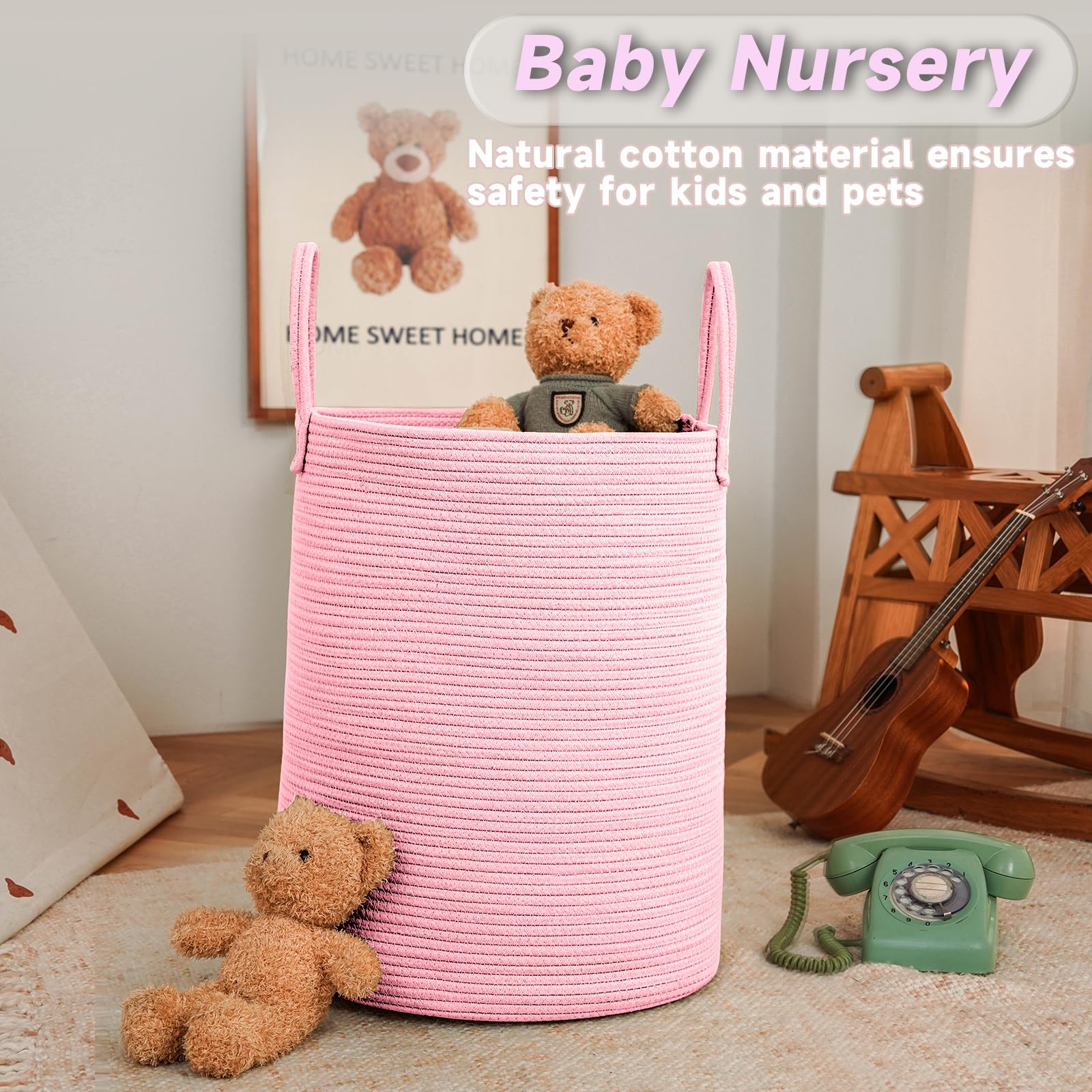 JMvicyroam large woven laundry basket pink open-top for easy toy organization