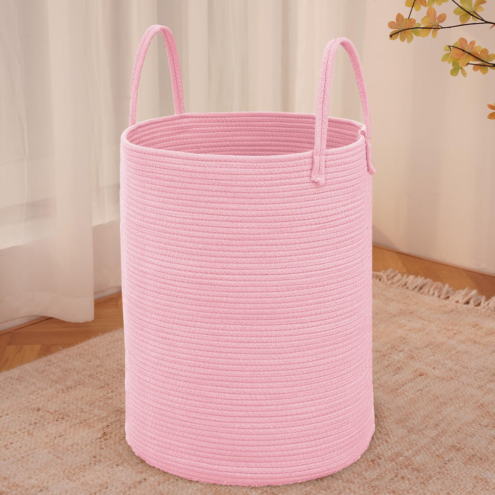 JMvicyroam pink-woven basket full view, ideal for bulky blanket storage