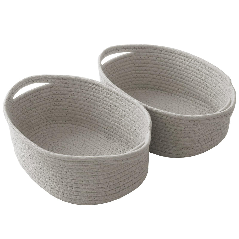 JMvicyroam woven basket with grey rope handles, ideal for compact shelf storage and easy relocation.