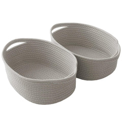 JMvicyroam woven basket with grey rope handles, ideal for compact shelf storage and easy relocation.