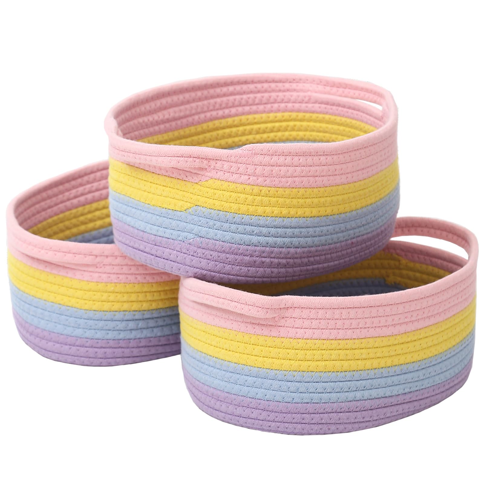 JMvicyroam woven basket rainbow 3-pack, great for decluttering shelves with colorful storage.