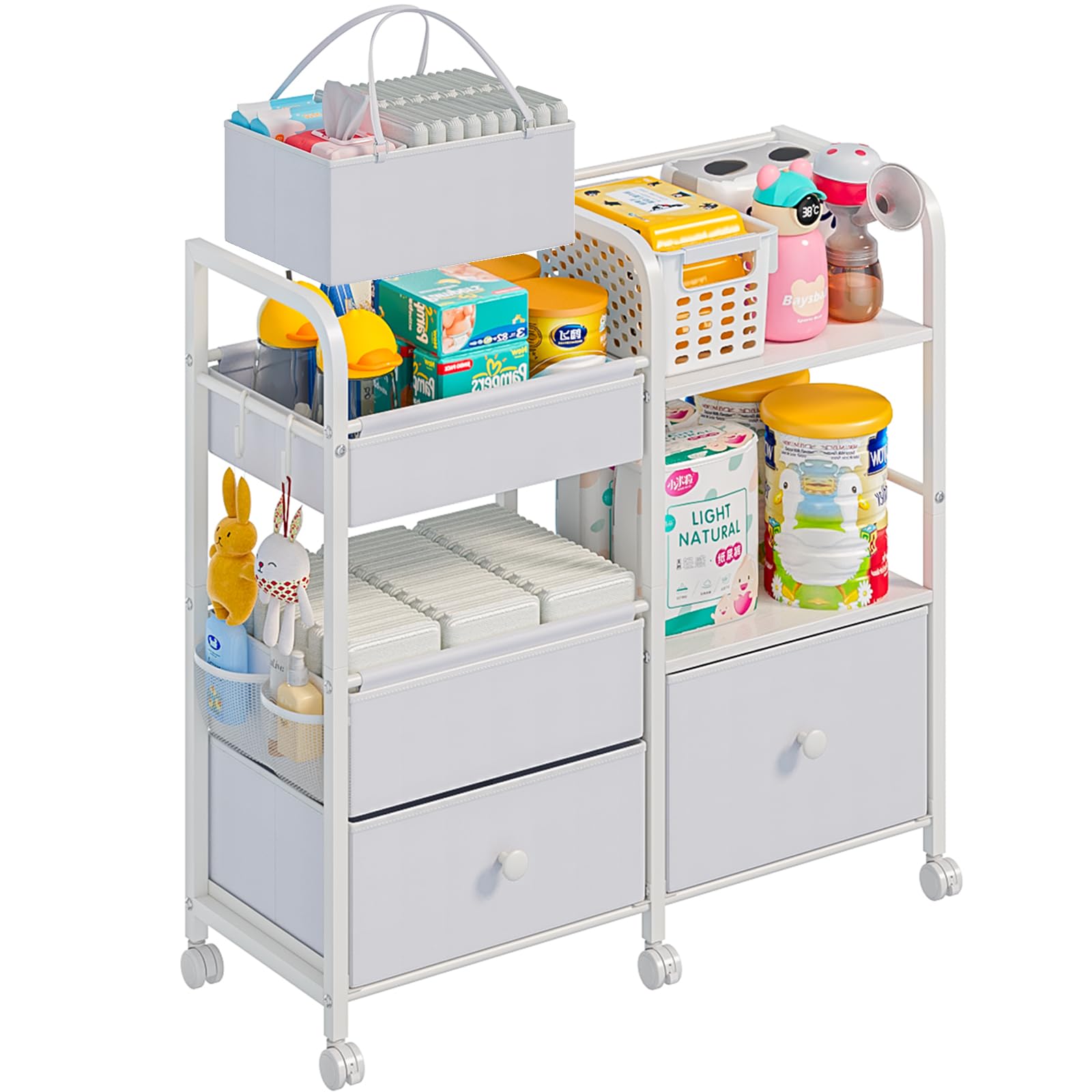 Jnancun 2-in-1 diaper caddy rolling cart with detachable tote for on-the-go changes