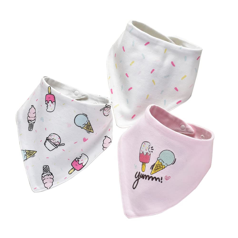 JN&LULU 3-pack newborn bibs in ice cream color shield outfits from drool.