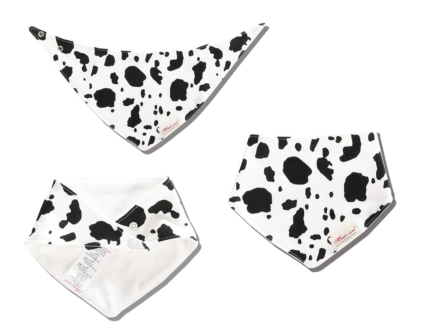 JN&LULU cow-pattern bibs with adjustable snaps for growing babies.