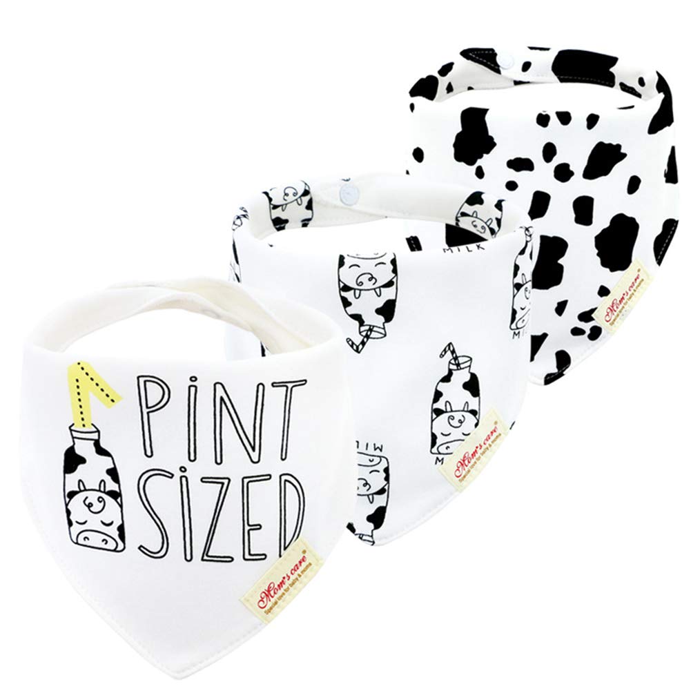 JN&LULU cow-pattern bibs three-pack, front view showing versatile drool protection.