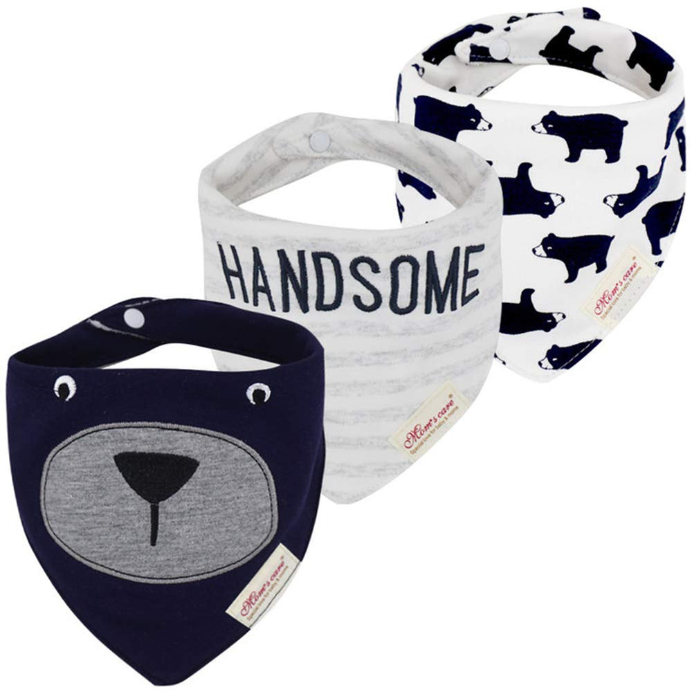 JN&LULU navy bear baby bib front shows adjustable snaps for growing babies and drool protection.
