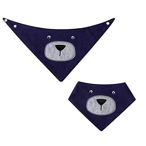 JN&LULU navy bear baby bib close-up of snaps highlighting secure fit for longer wear.