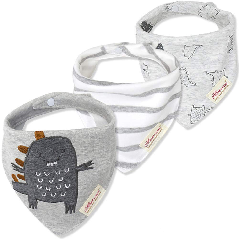 JN&LULU Dino bandana bib front view showing soft cotton and drool absorption.