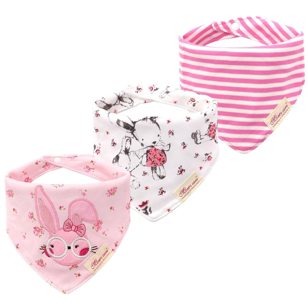 JN&LULU pink rabbit bandana bib, soft cotton, ideal for drool and messes.