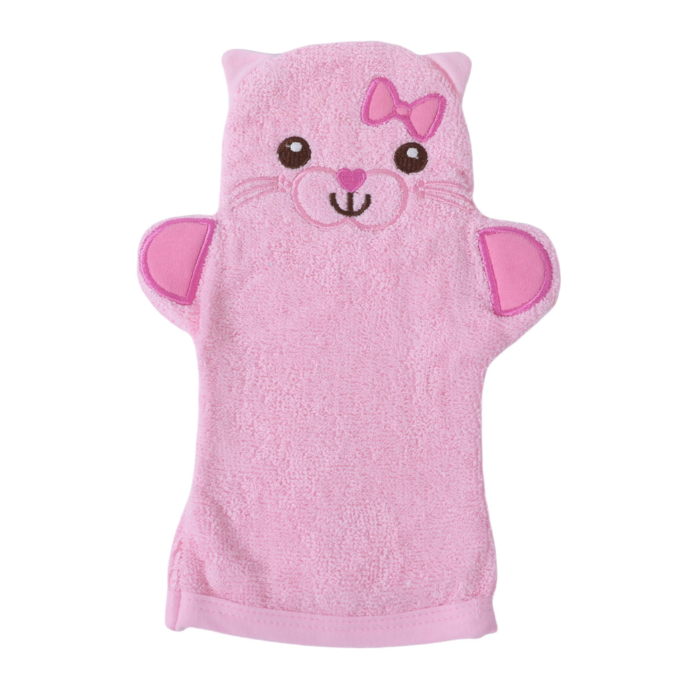 JN&LULU Baby Organics bath mitt with pink cat design on hand for gentle cleansing.