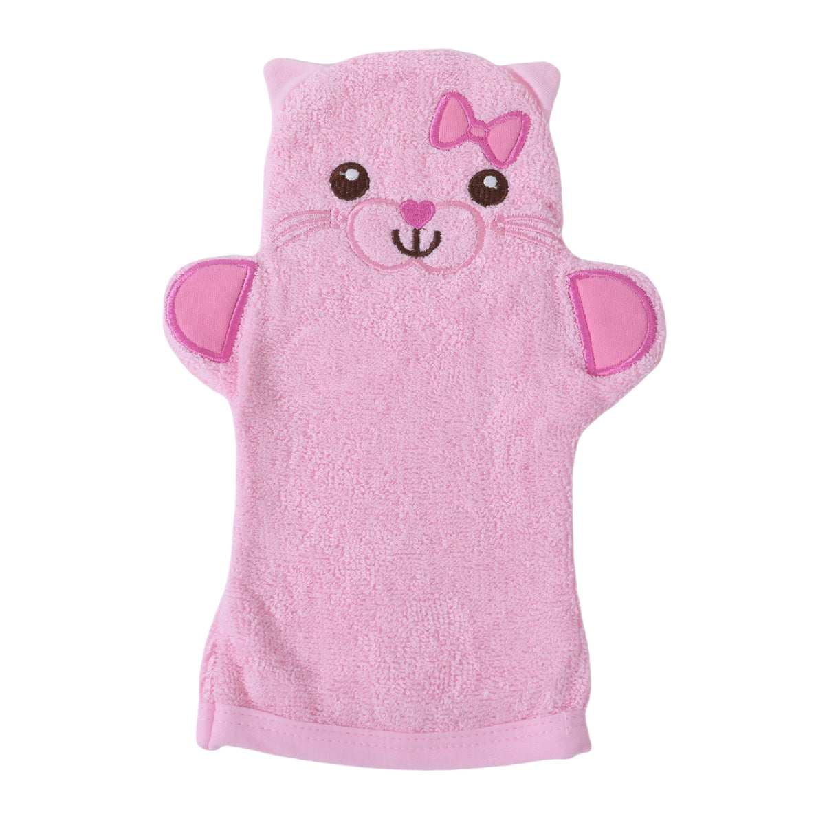 JN&LULU Baby Organics bath mitt with pink cat design on hand for gentle cleansing.