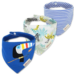 JN&LULU 3-pack parrot-pattern bibs, front view showing drool protection and cute outfits.