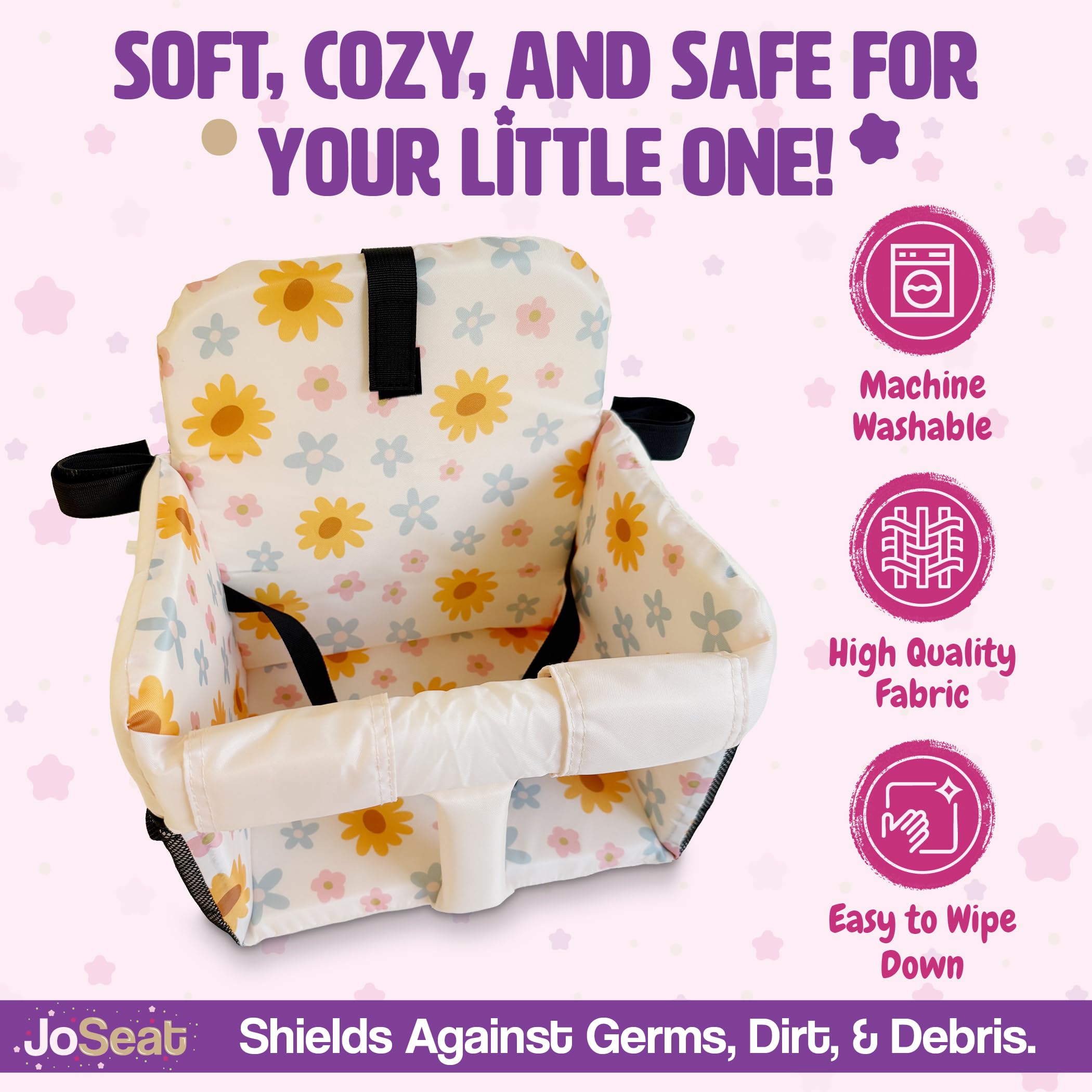 JoSeat floral cart cover shown on a cart providing clean, padded seating for baby