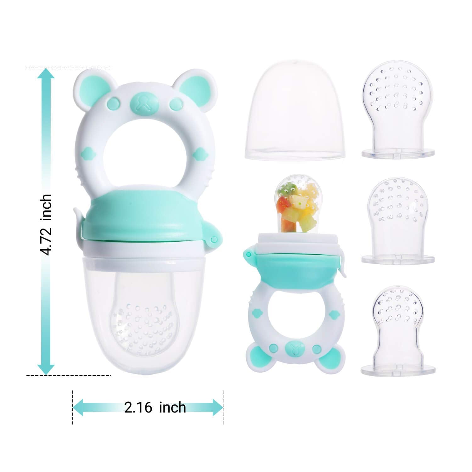 Jochebed cyan teether helps gums soothe while chewing on soft fruits.