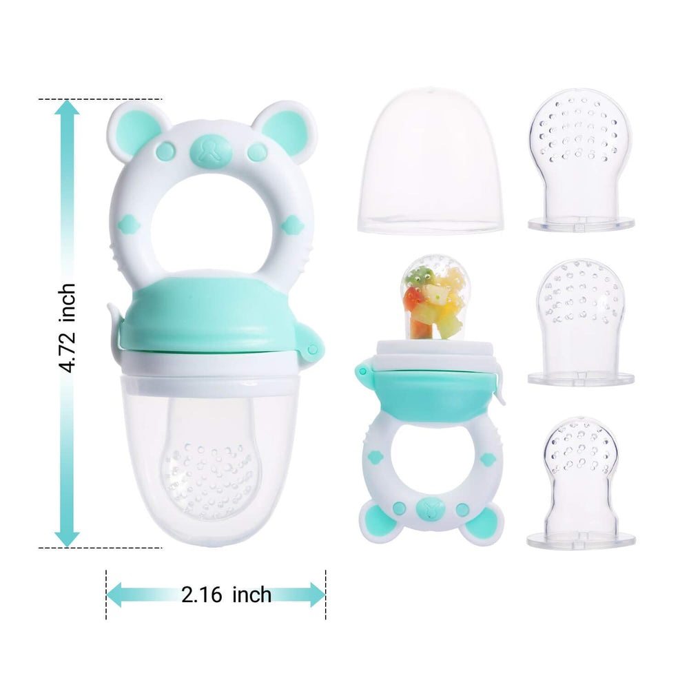 Jochebed cyan teether helps gums soothe while chewing on soft fruits.