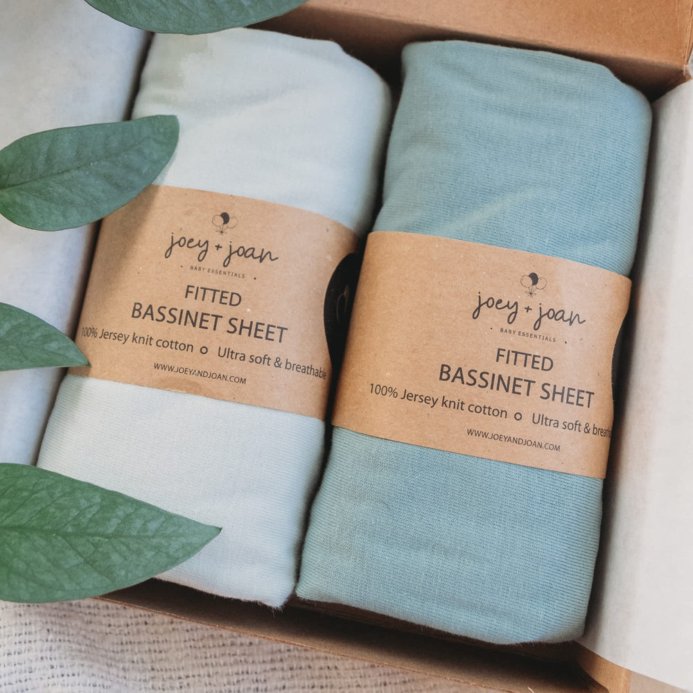 Joey + Joan bassinet sheet close-up shows ultra-soft jersey cotton for baby's gentle comfort