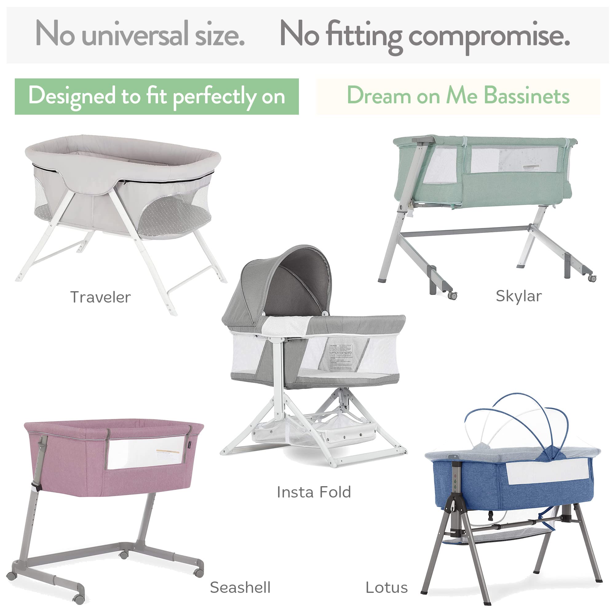 Joey + Joan bassinet sheets fitted-on-mattress demonstrate secure fit for Dream on Me compatibility