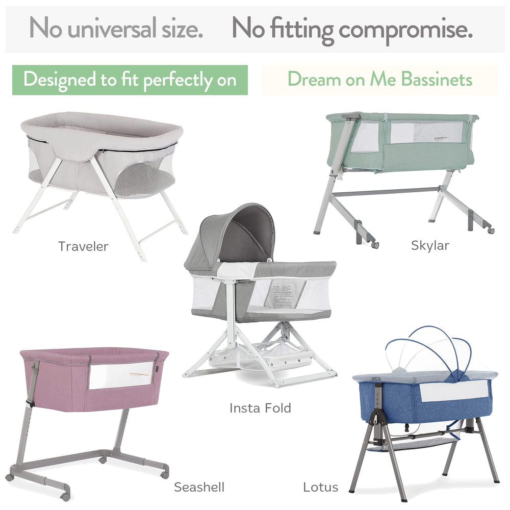 Joey + Joan bassinet sheets fitted-on-mattress demonstrate secure fit for Dream on Me compatibility