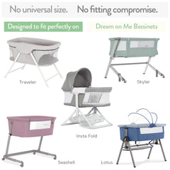 Joey + Joan bassinet sheets fitted-on-mattress demonstrate secure fit for Dream on Me compatibility