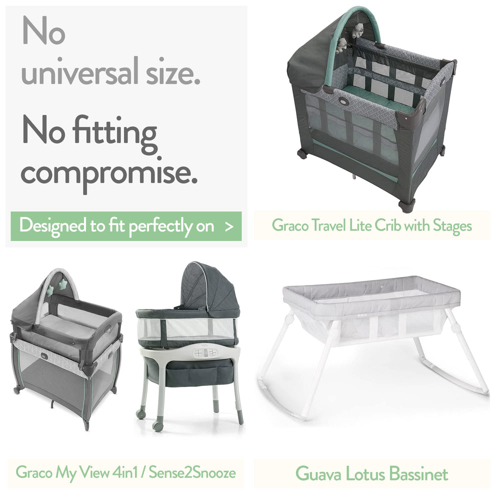 Joey + Joan Graco Travel Lite fit sheet snugly wrapped on crib mattress for secure sleep surface.
