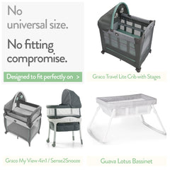 Joey + Joan Graco Travel Lite fit sheet snugly wrapped on crib mattress for secure sleep surface.
