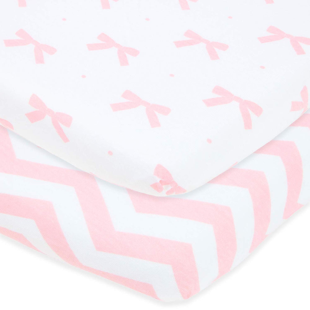 Joey + Joan cradle sheets in soft jersey 2-pack offer snug, gentle sleep surface.