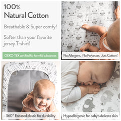 Joey and Joan fitted sheet with relax-fit elastic keeps it secure on Mika Micky Bedside Sleeper