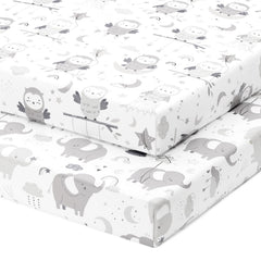 Joey + Joan mini crib sheet fits 24x38 snugly for safe, peaceful sleep.