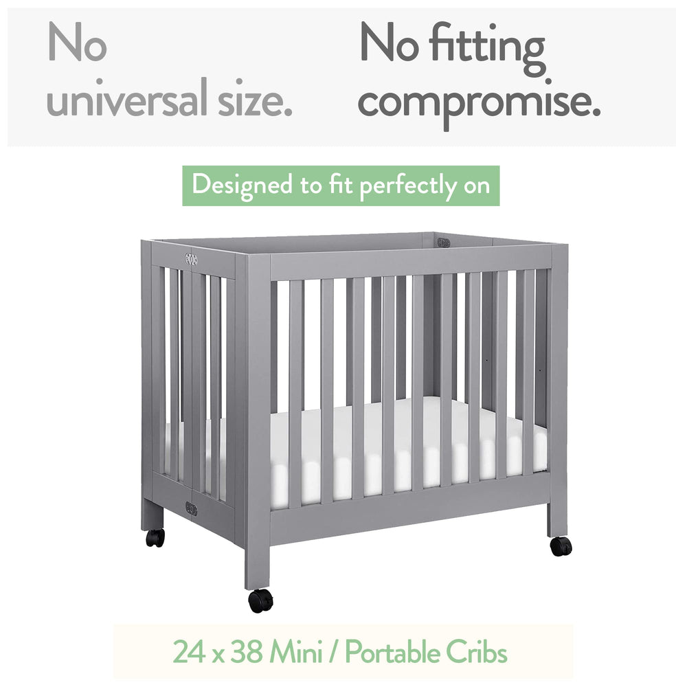 Joey + Joan perfect-fit mini crib sheet on 24x38 mattress.