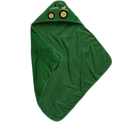 John Deere infant green hooded towel front view highlights soft cotton absorbency.