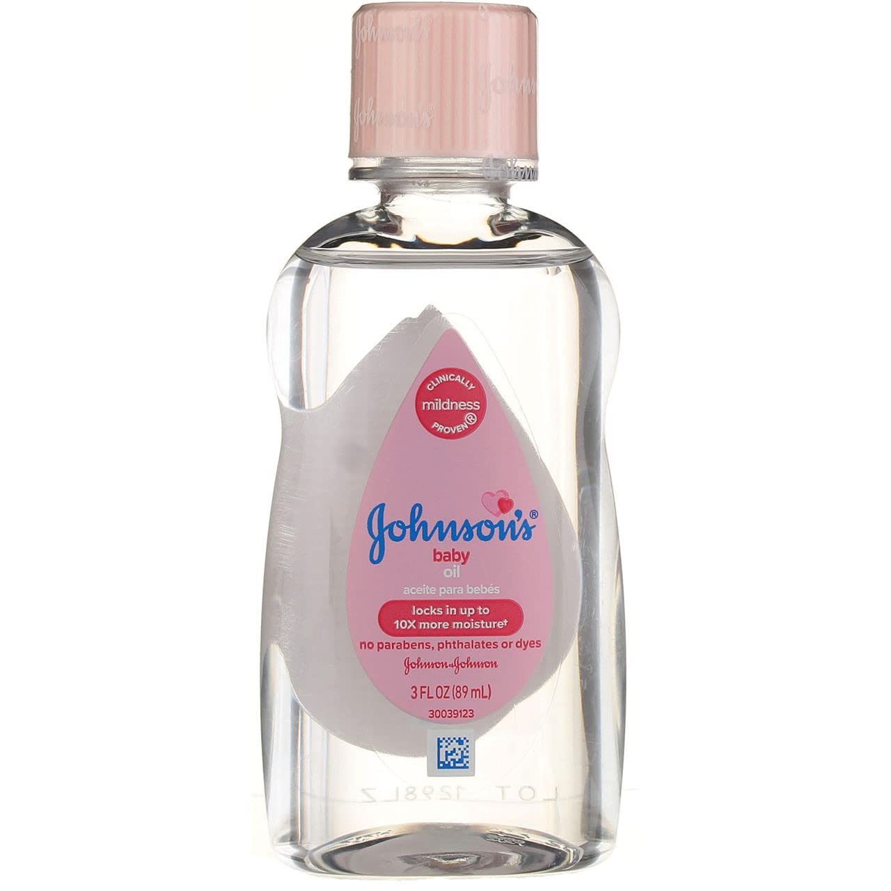 Johnson & Johnson Baby Oil bottle illustrates gentle moisture for baby skin.
