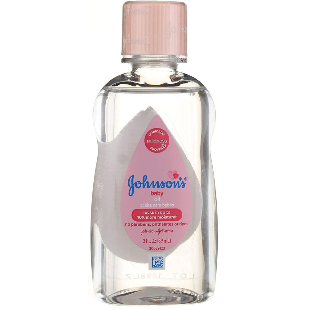 Johnson & Johnson Baby Oil bottle illustrates gentle moisture for baby skin.