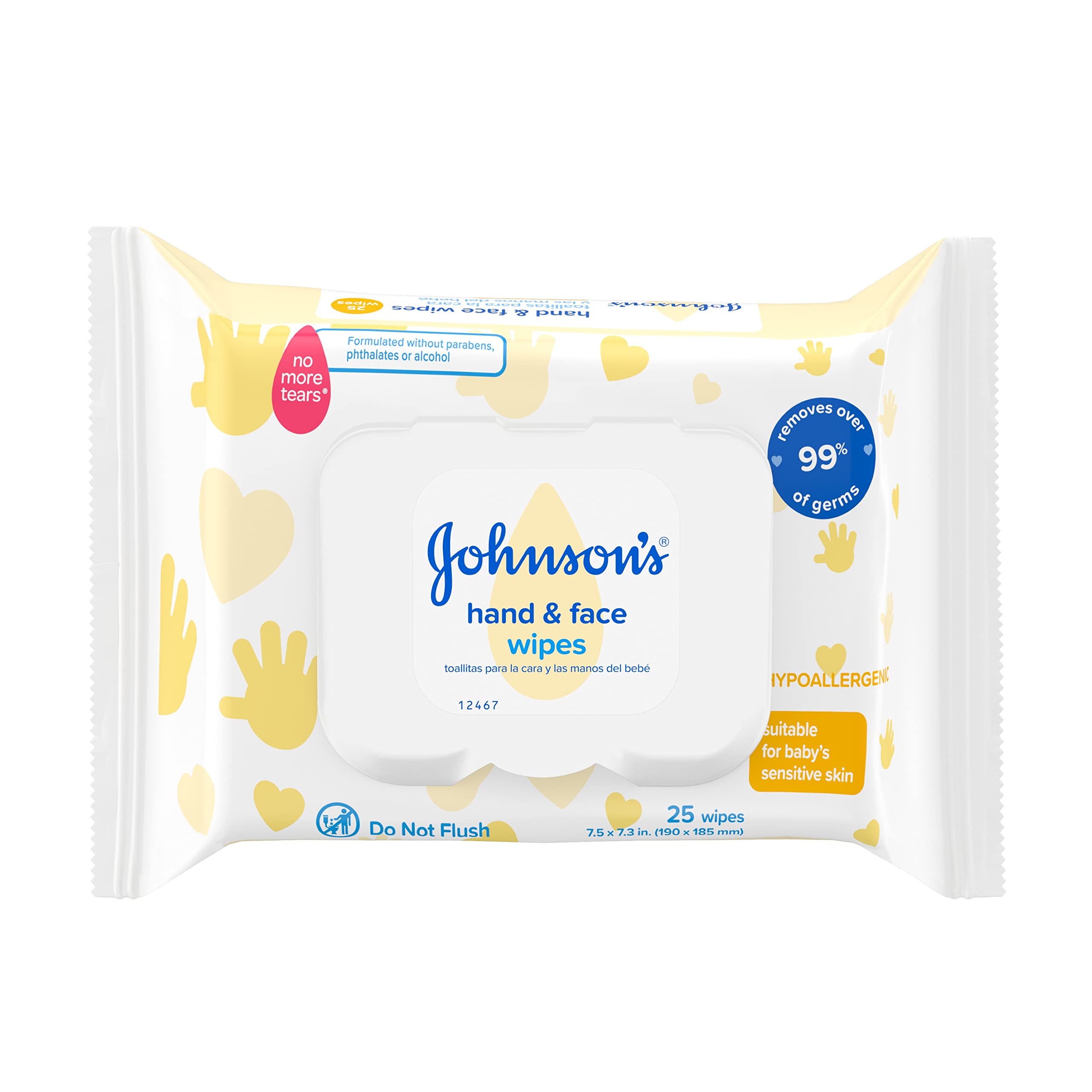 Johnson & Johnson Hand & Face Baby Sanitizing Cleansing Wipes pack front for on-the-go cleanups.