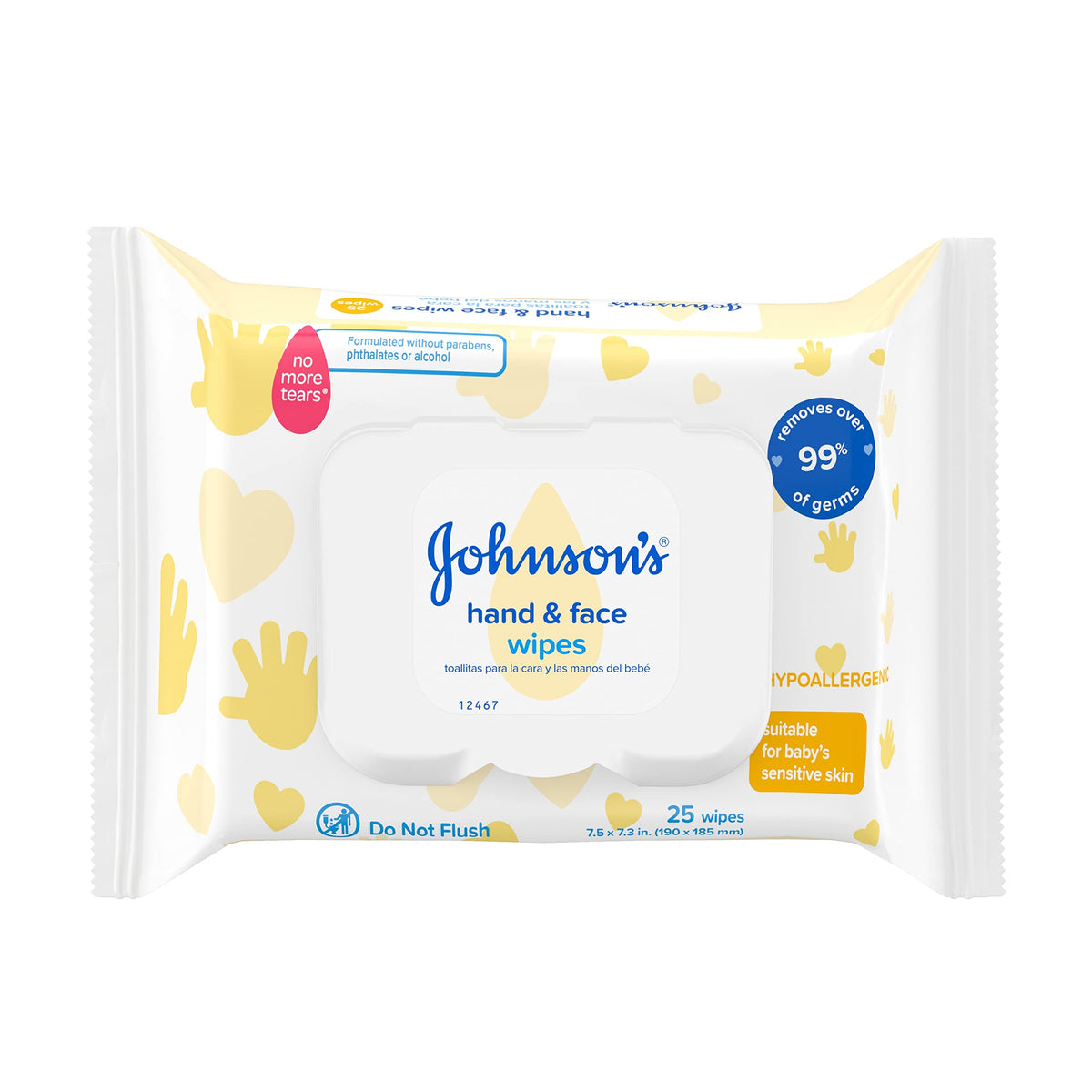 Johnson & Johnson Hand & Face Baby Sanitizing Cleansing Wipes pack front for on-the-go cleanups.