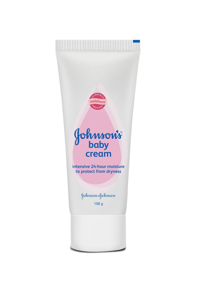 Johnson's Baby Cream 100g packaging front for gentle daily moisturization.