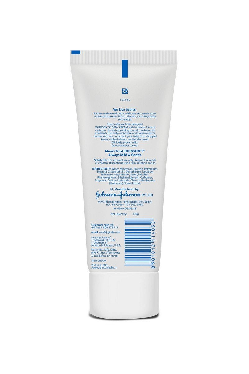 Johnson's Baby Cream application on a baby's cheek, smooth skin protection.